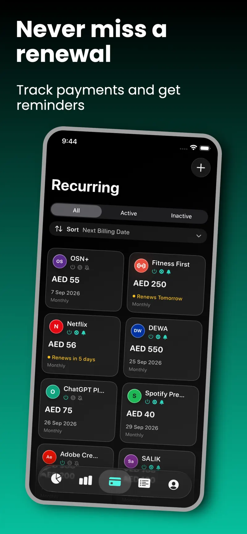 Malii recurring payments list with Netflix, Spotify, du, and DEWA
