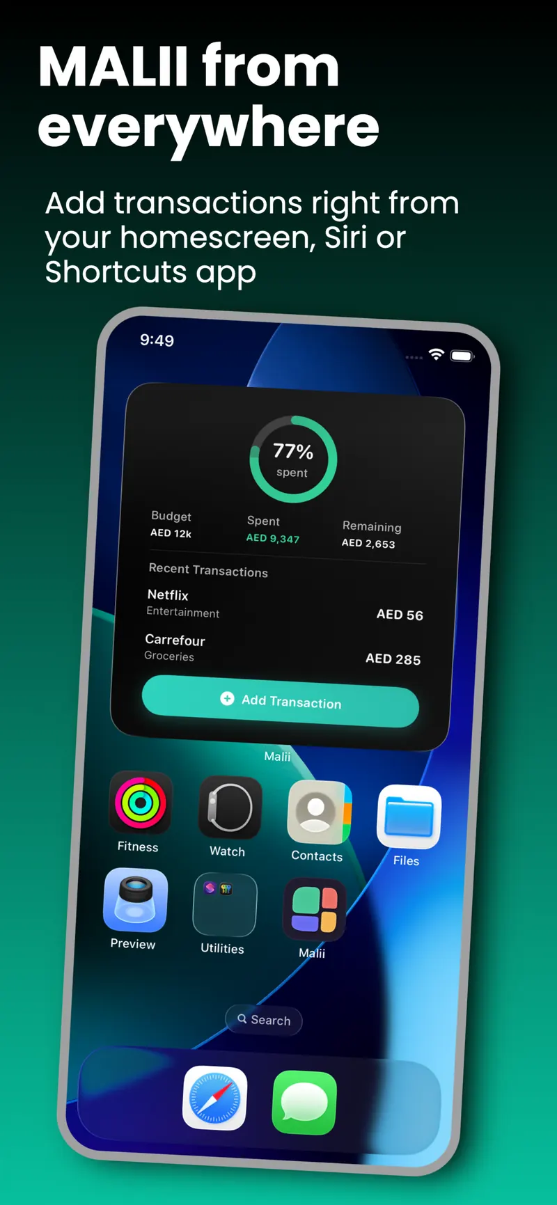 Malii Home Screen widget showing the budget ring after an Apple Pay purchase